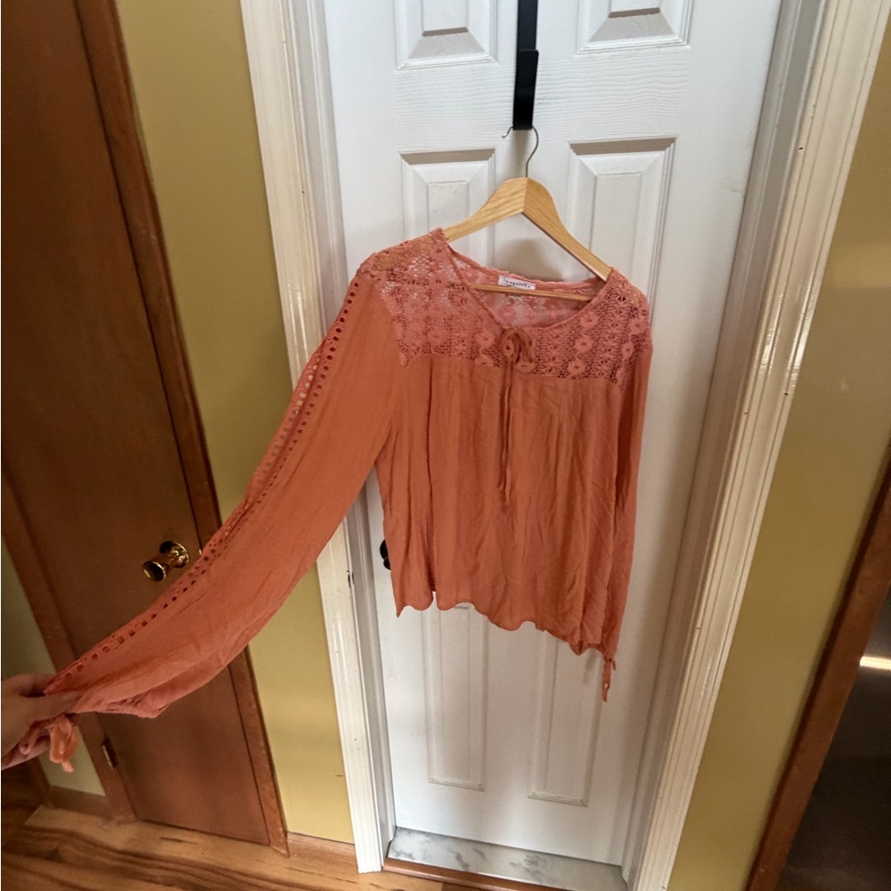 Love Riche Lace Yoke Tie-Front Blouse - Rust - Picture 1 of 6